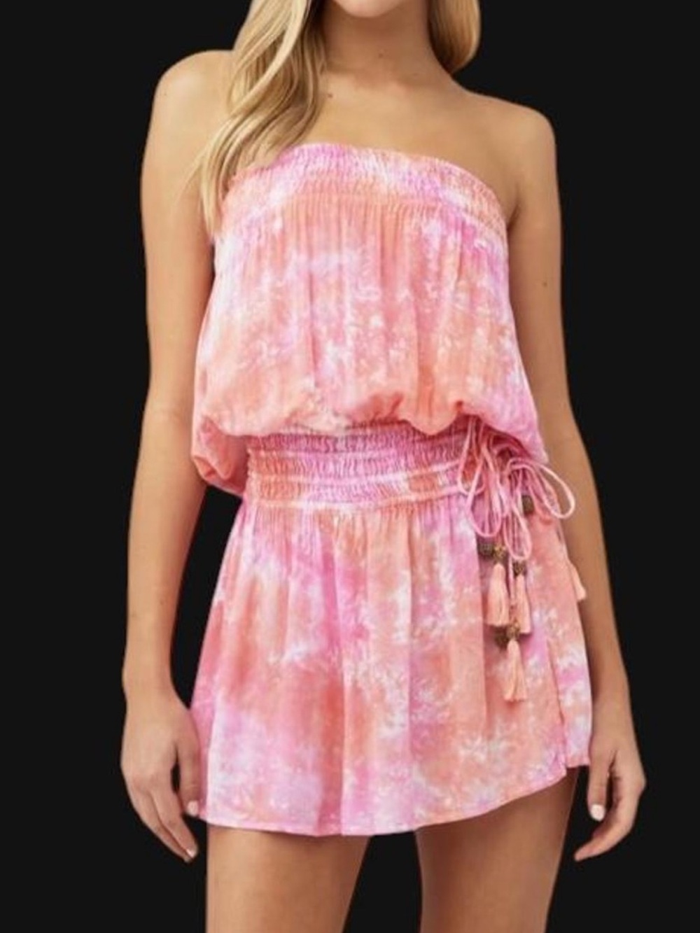 Tiare Hawaii Pink-Orange Tie-Dye Smocked Spaghetti Strap Mini Dress